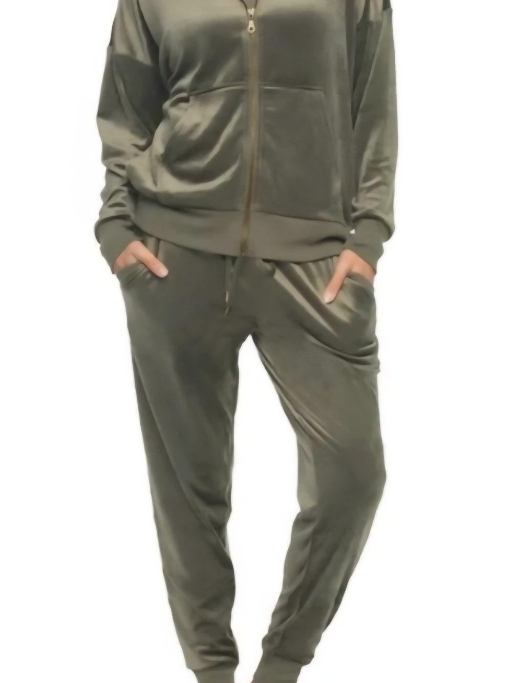 Felina Velour Tracksuit, Drawstring Jogger Pants/Front Zip Jacket-Olive Green, M